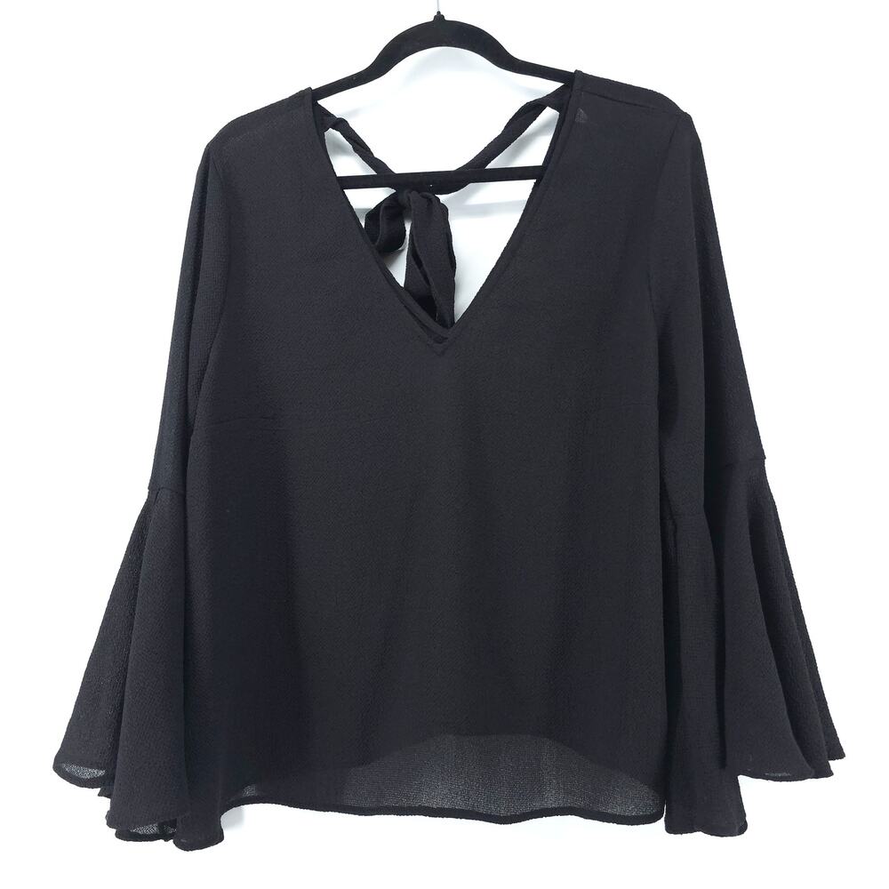 H&M Divided Whimsygoth Black Crepe Back Keyhole Tie Bell Sleeve Flowy Blouse 14
